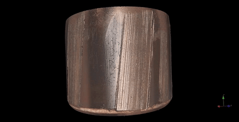 A 3D topographic surface map of the base of a fired 9 mm bullet.