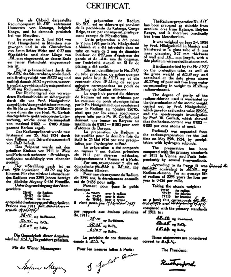 Certificate for Hönigschmid Standard No. IV signed by Irène Joliot Curie
