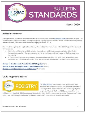 Cover of OSAC Standards Bulletin March 2020