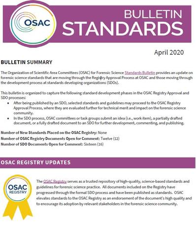 Cover of OSAC's April 2020 Standards Bulletin