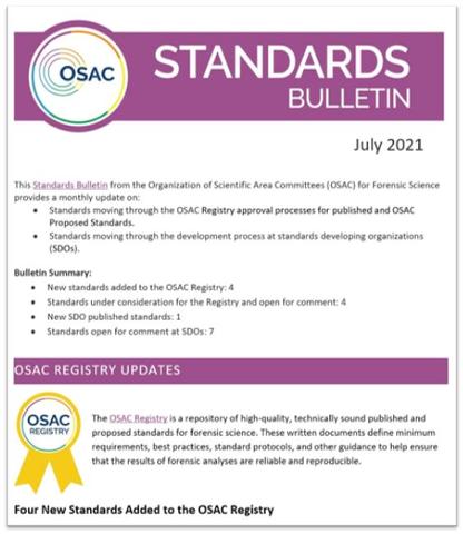 Cover of OSAC's July 2021 Standards Bulletin