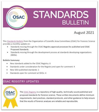 Cover of OSAC's August 2021 Standards Bulletin