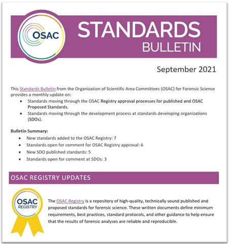 Cover of OSAC's September 2021 Standards Bulletin