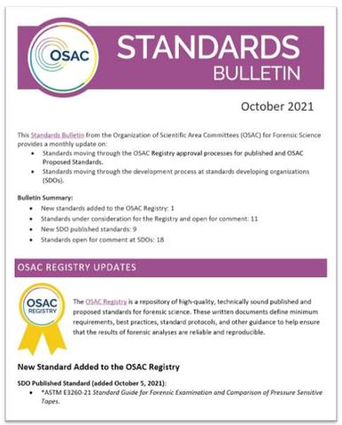 Cover of OSAC's October 2021 Standards Bulletin