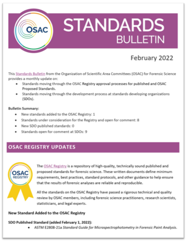 Cover of OSAC's February 2022 Standards Bulletin