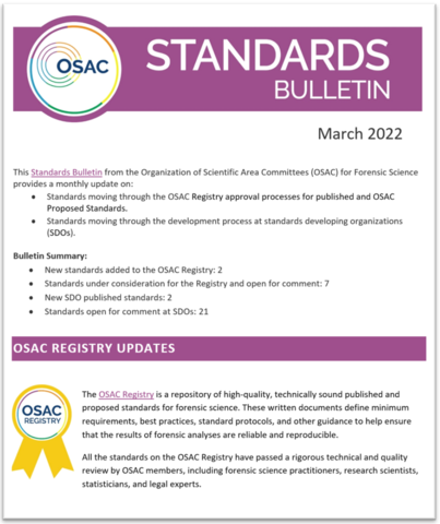 Cover of OSAC's March 2022 Standards Bulletin