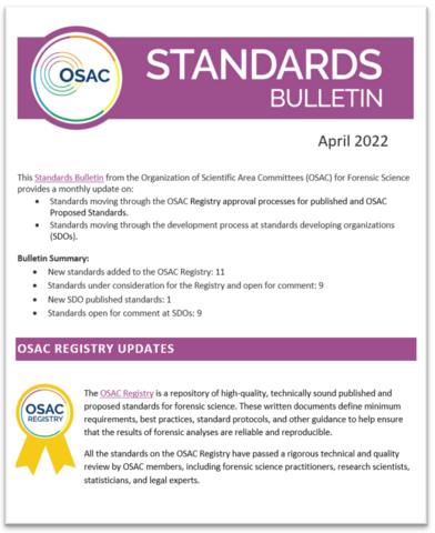 Cover of OSAC's April 2022 Standards Bulletin
