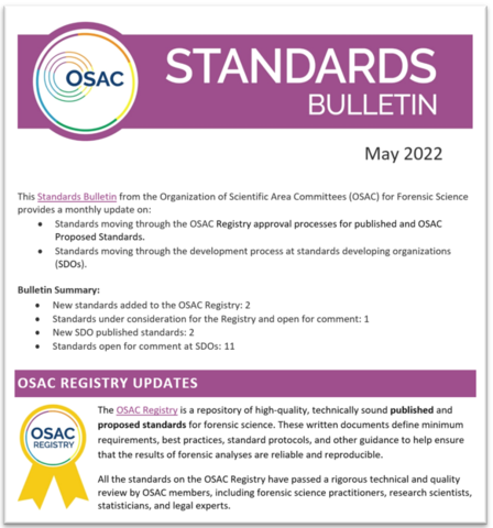 Cover of OSAC's May 2022 Standards Bulletin