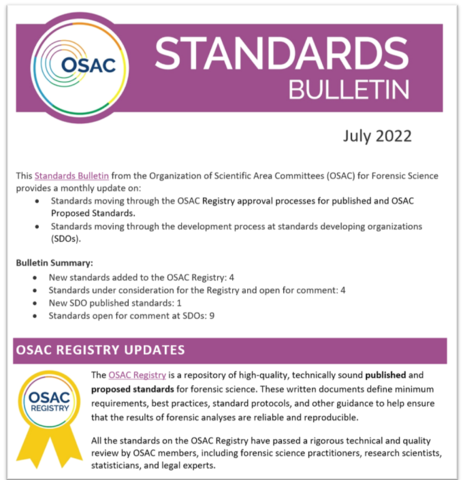 Cover of OSAC's July 2022 Standards Bulletin