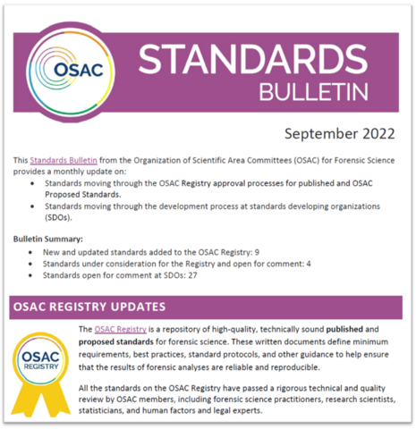 front page of OSAC's September 2022 Standards Bulletin