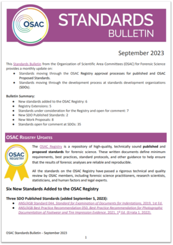 OSAC Standards Bulletin September 2023 Cover Page
