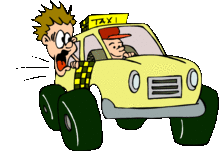 cartoon image of distressed rider in taxi