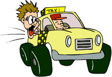 cartoon illustration of distressed rider with head out window of taxi