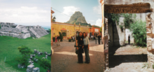 left: Aztec ruins, middle: two young women standing on a Mexican village street, right: silhouette of a woman standing in ruined Aztec doorway 