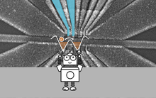 A cartoon robot holding up a pair of cups representing energy wells. An dot with an "e-" on it representing an electron is in the left cup. In the background is a black and white closeup of a electronic chip. Above the cups there are blue colored electric leads. 