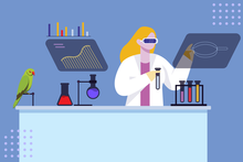 graphic showing scientist in her lab interacting with computer screen and chemicals. There is a parrot on a perch to her right.