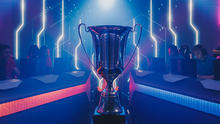 Two Esport Teams of Pro Gamers Play to Compete in Video Game on a Championship. Stylish Neon Cyber Games Online Streaming Tournament Arena with Trophy in the Center.