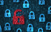 Cybersecurity red broken padlock icon with among many other secure padlocks showing binary code through the background.