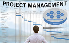 Project manager looking at screen with chart showing scheduling and planning showing tasks and deadlines with the Baldrige Framework overview on top.