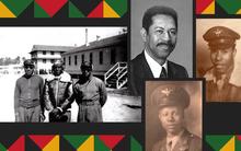 Collage includes four historical photos of Black men in military and office attire on background of gold, green, black and red. 