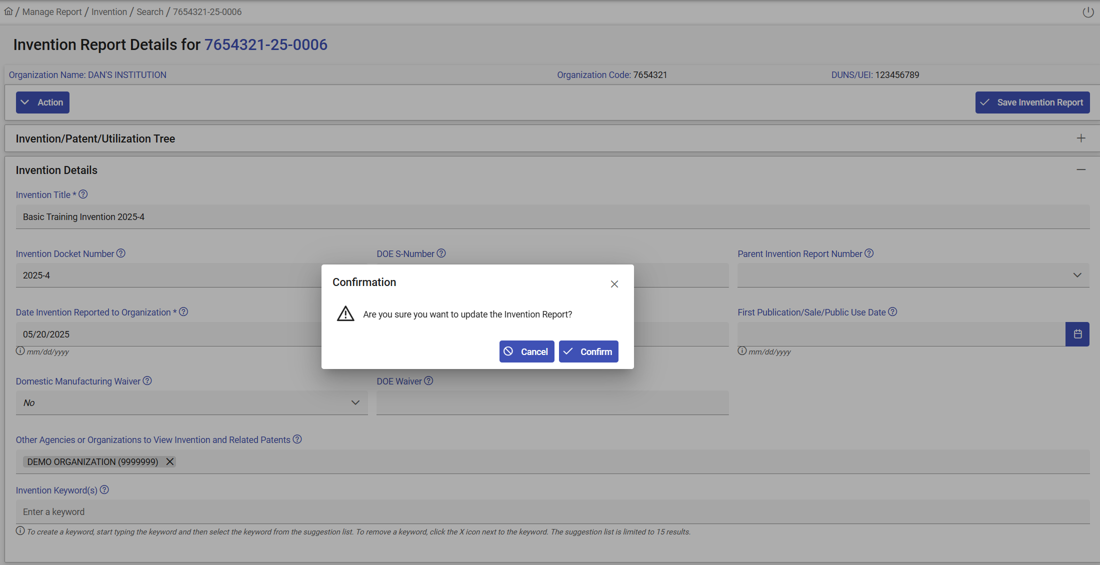 Confirmation Popup of Invention Report