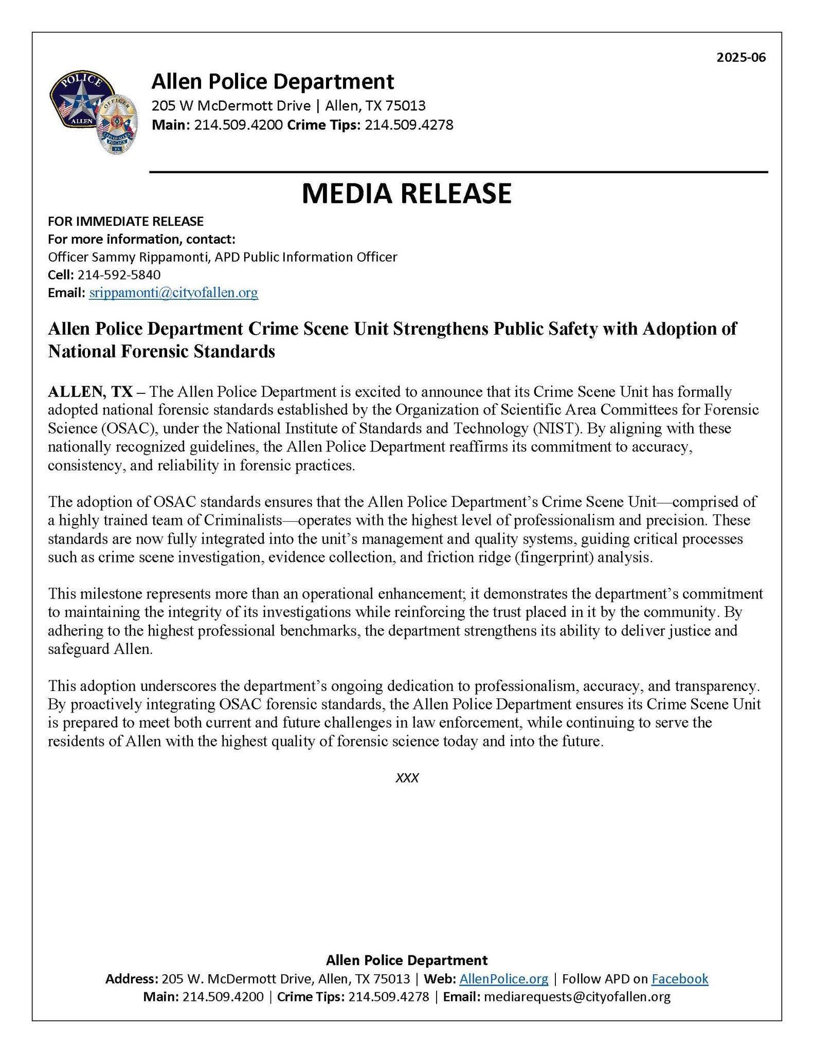 Allen Police Department CSI Unit - Registry implementation