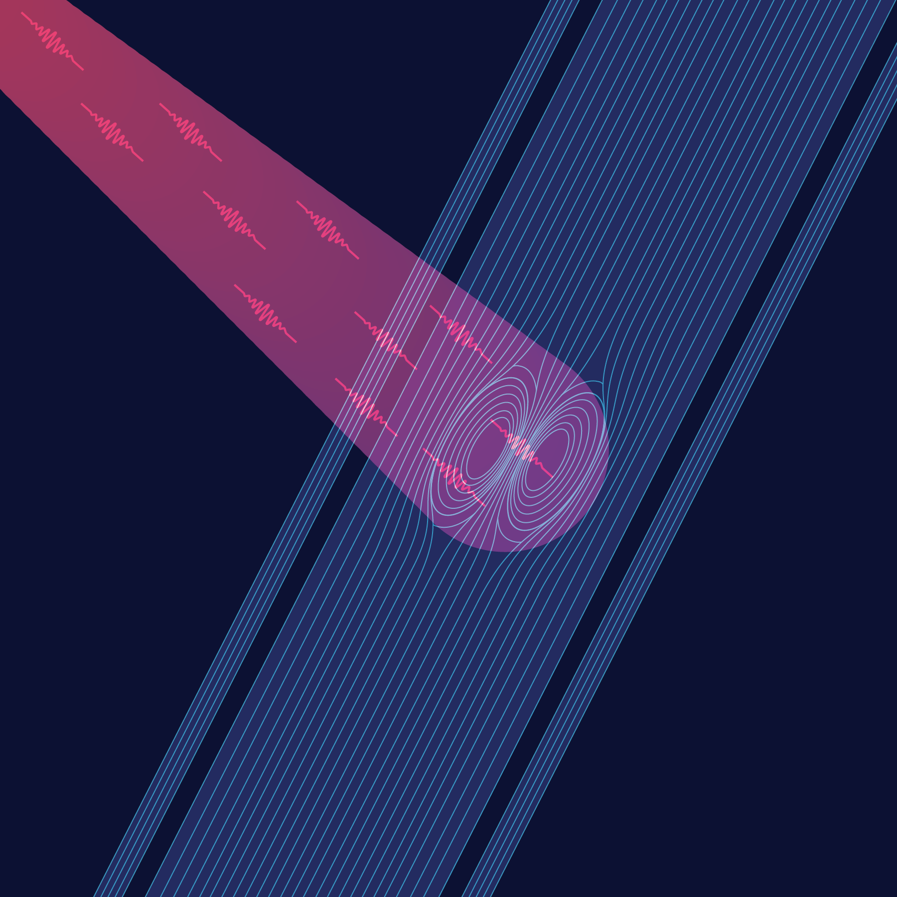 Photo: NIST Wiggly pink lines representing photons intersect with straight blue lines representing the nanowire, creating swirls or hot