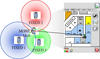 illustration with 3 mobile devices in circles pointing to a room location
