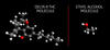 Illustration with light gray and dark gray balls with a few red balls, all connected, showing Delta-9 THC molecules and fewer connected light gray, darker gray and a red ball illustrating  and Ethyl Alcohol molecules