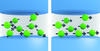Two-panel cartoon showing green spheres each representing nanoclusters pointing in different directions on the left panel and in the same direction on the right panel.
