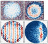 Four images composed of diffuse red, white and blue patterns.