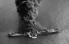 aerial view of the oil tanker Byron D. Benson ablaze after a U-boat attack