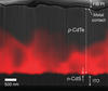 Electron beam induced current (red) superimposed on a scanning electron micrograph (gray). Bright contrast in the vicinity of grain boundaries indicates that these regions have higher carrier collection efficiency than the grain interiors.  