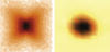 two images. Left has a dark center with a butterfly like pattern in different shades of orange around it. Right image: dark round center with orange ring and then yellow