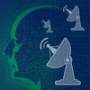 blue background. Robotic head with overlay of 3 radar icons