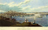 Painting of the view of the Colonial City of Boston with people looking out at the harbor showing boats and the city in the background.