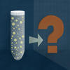 A test tube is filled with spherical particles, with an equal sign and a question mark next to it.