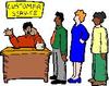 cartoon illustration of customers in line at customer service desk