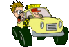 cartoon image of distressed rider in taxi