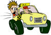 cartoon illustration of distressed rider with head out window of taxi