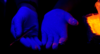 A pair of hands inside nitrile gloves, photographed under ultraviolet light, with small amounts of glowing powder visible on the gloves.