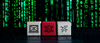 Computer hacker concept with green virtual code and malware virus skull symbols