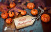 Happy Thanksgiving message showing pumpkins in a rustic background.