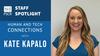 This image shows a woman with blonde hair in a blue shirt, the text reads "PSCR Staff Spotlight: Human and Tech Connections with Kate Kapalo"