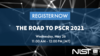 Displays the text "Register Now, The Road to PSCR 2021" over a white and black abstract background