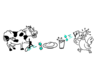 cartoon cow and chicken using slingshots to fling pairs of entangled photons through a glass of milk and a chicken cutlet