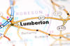 Close-up of a map showing a city called Lumberton