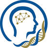 Graphic of a head shadowed by another head in blue and the inner head has where the brain would be has gold points with gold lines connecting them and there is a blue and gold double helix representing DNA on the left bottom of a circle going around both heads. 