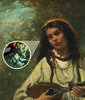 Painting of woman holding a mandolin has magnified section showing metal soap structures.