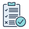 Icon of clipboard with check marks and an x 